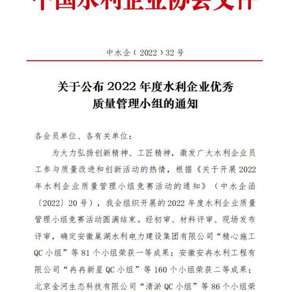 我公司喜氣洋洋QC小組榮獲水利企業優 秀質量管理小組Ⅱ類成果